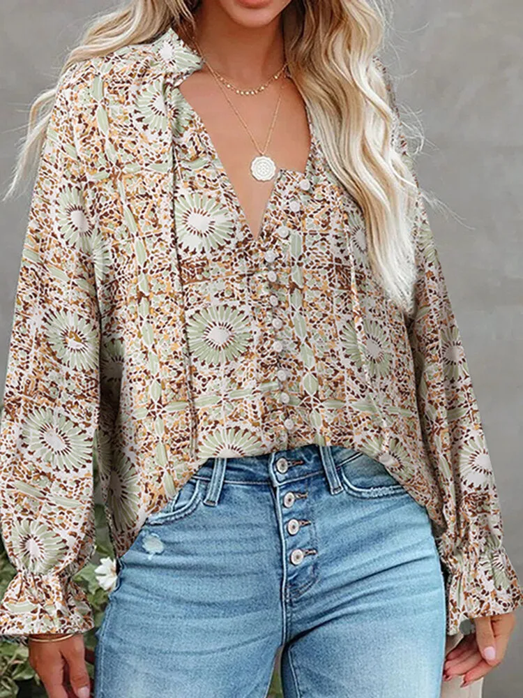 Flower Print Button Long Sleeve Knotted Blouse For Women