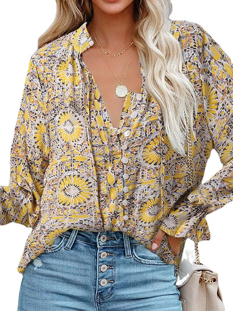 Flower Print Button Long Sleeve Knotted Blouse For Women