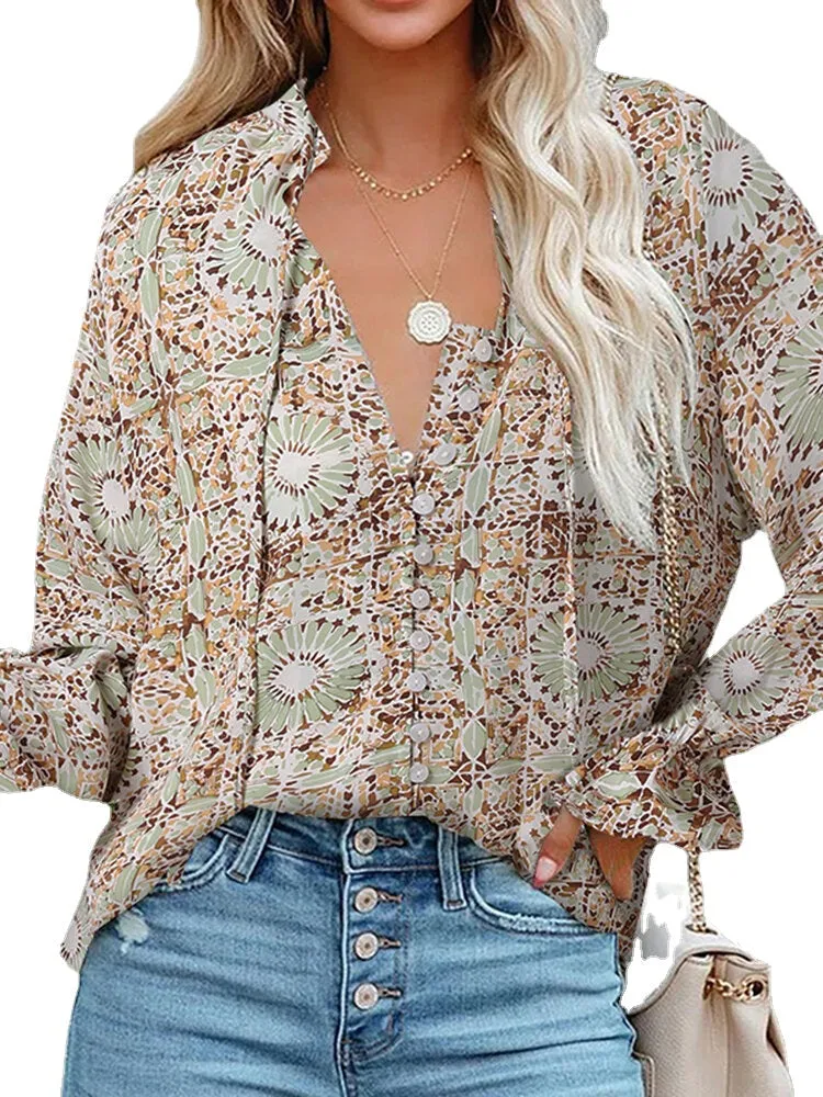 Flower Print Button Long Sleeve Knotted Blouse For Women