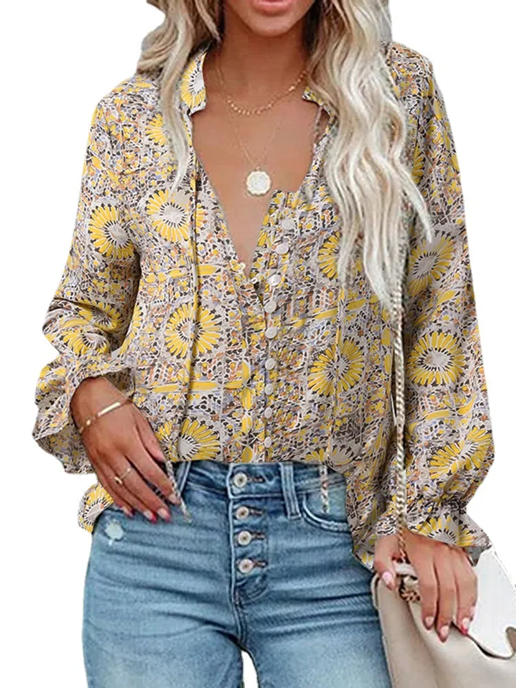 Flower Print Button Long Sleeve Knotted Blouse For Women