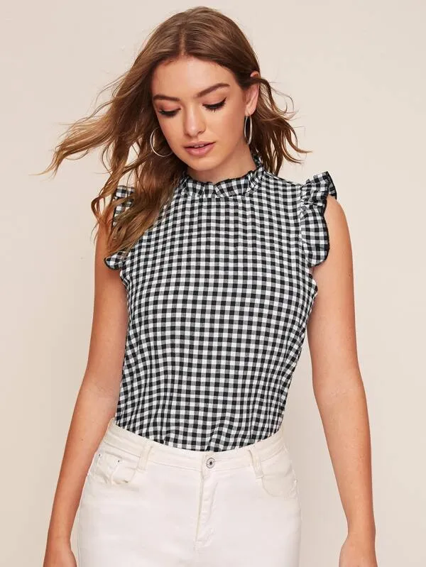 Frill Neck Ruffle Armhole Gingham Top