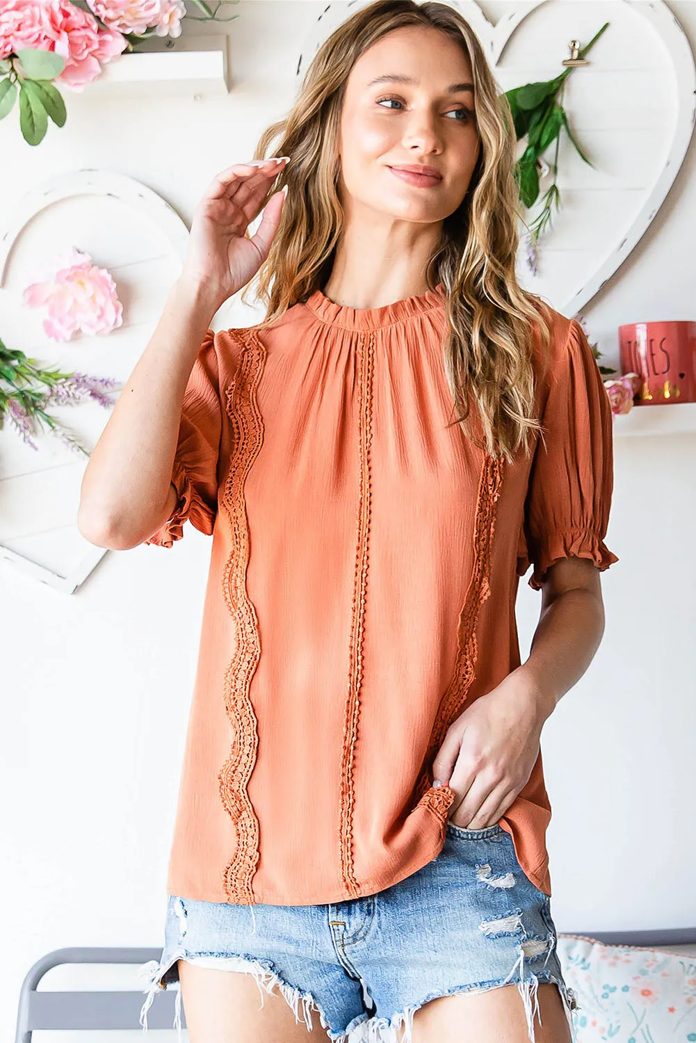 Frill Neck Short Flounce Sleeve Blouse