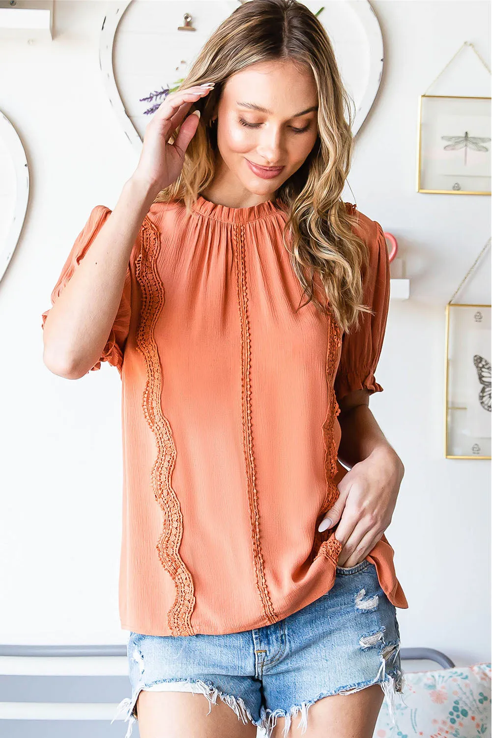 Frill Neck Short Flounce Sleeve Blouse