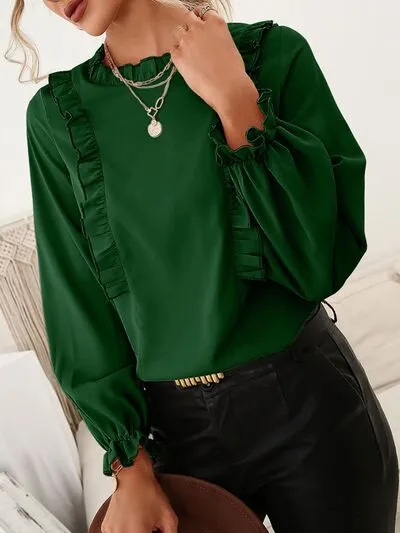 Frill Round Neck Flounce Sleeve Blouse