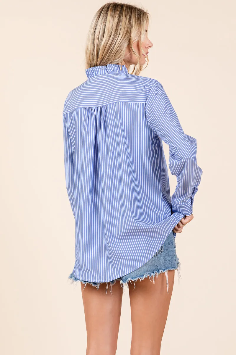 Frill Striped V-Neck Long Sleeve Blouse Shirts