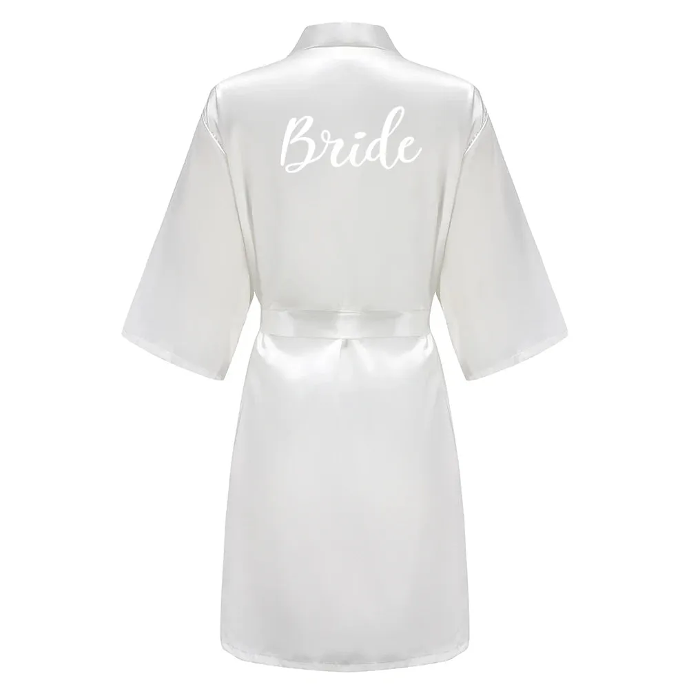 Grass Green Women's White Letter Bride Bridesmaid Short Satin Robes for Wedding Party Getting Ready