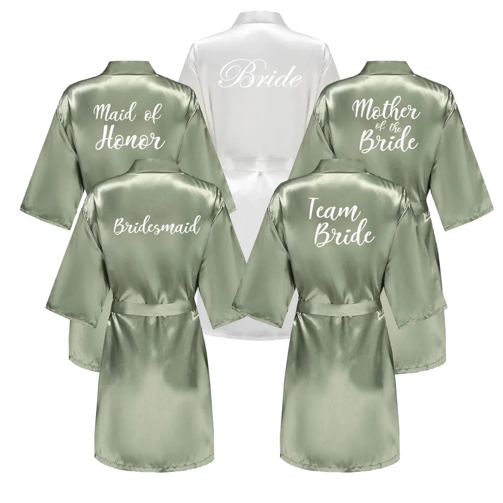 Grass Green Women's White Letter Bride Bridesmaid Short Satin Robes for Wedding Party Getting Ready