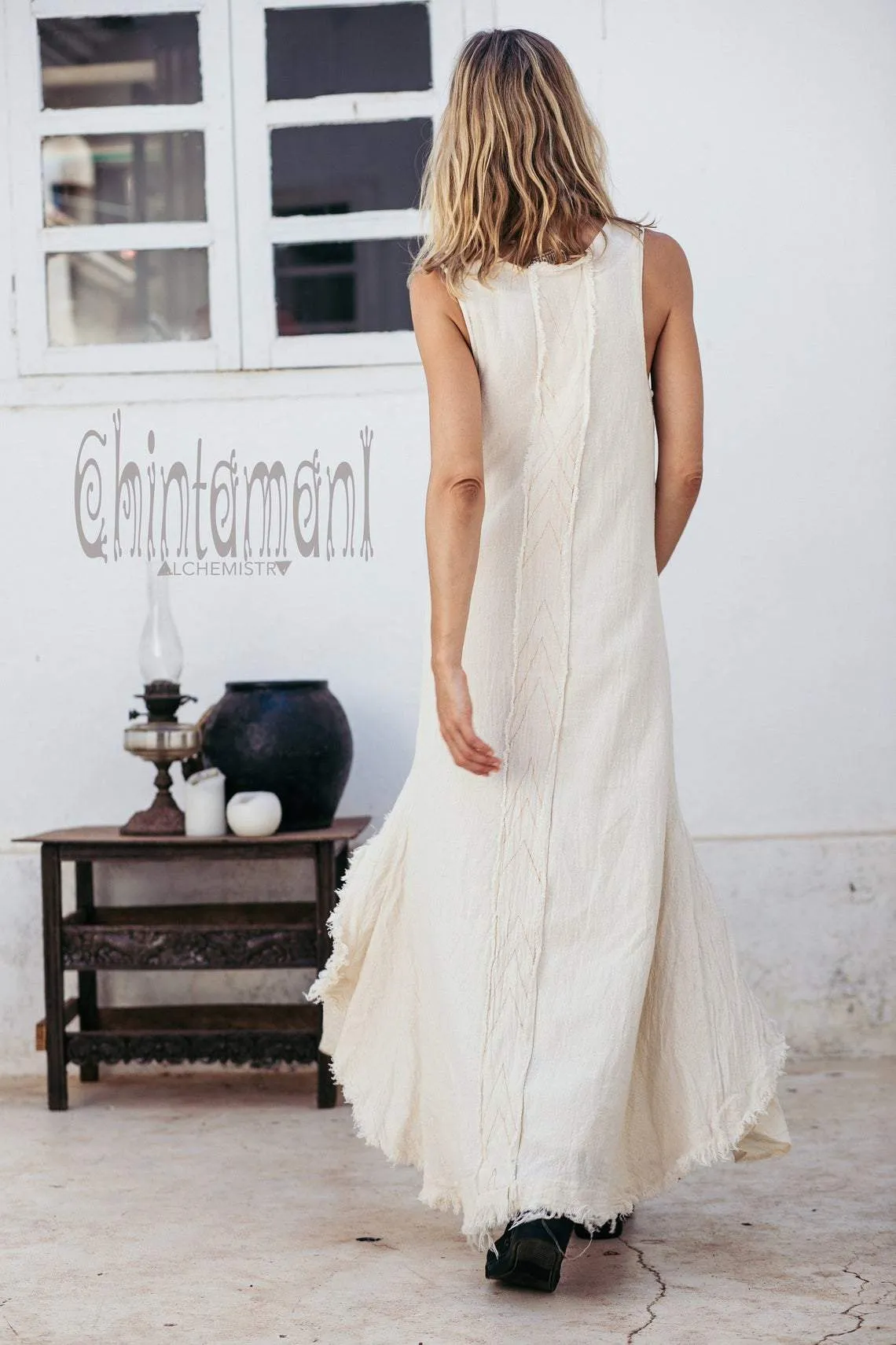 High Low Raw Cotton Long Dress with Double Layer / Aroha Tino Off White