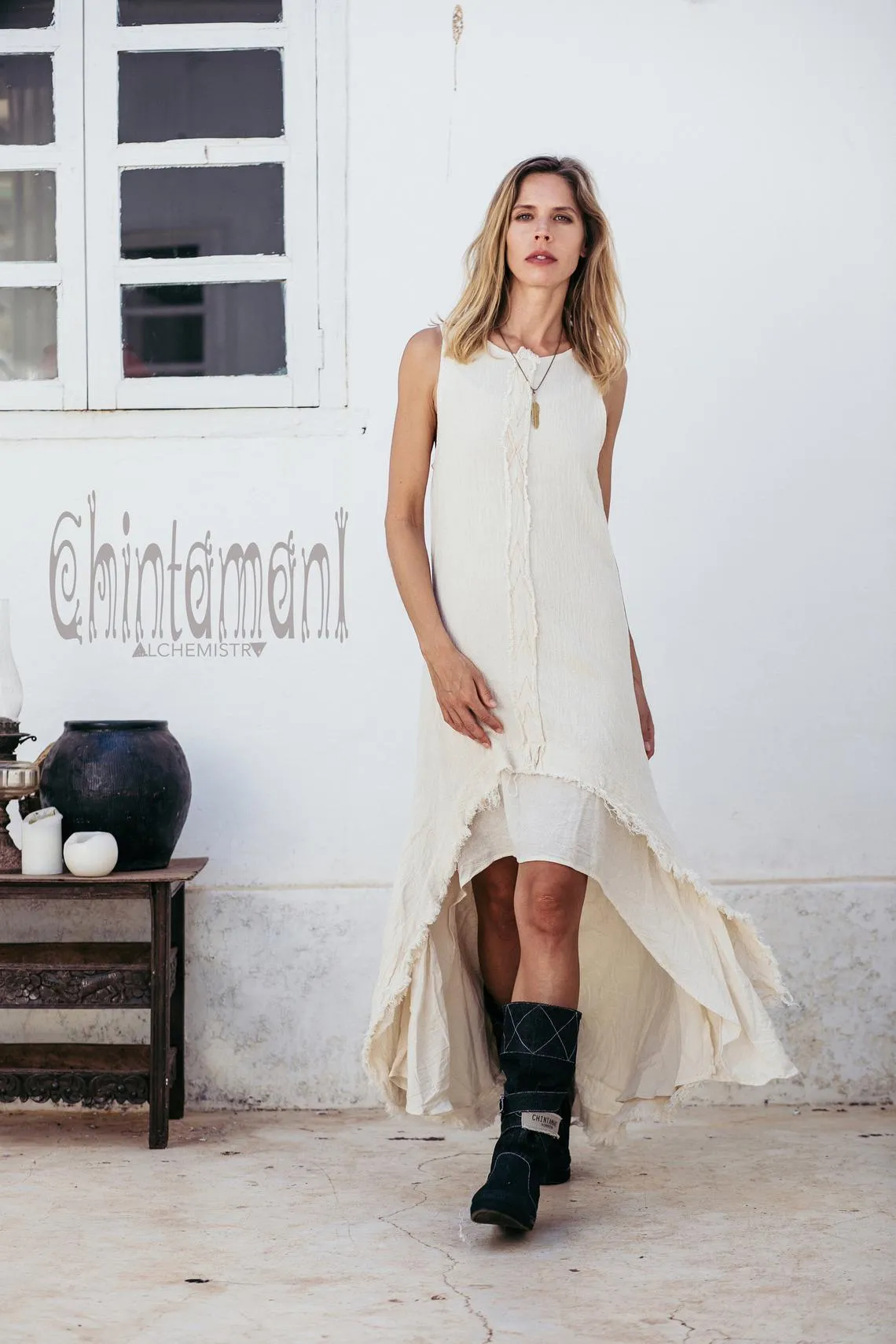 High Low Raw Cotton Long Dress with Double Layer / Aroha Tino Off White