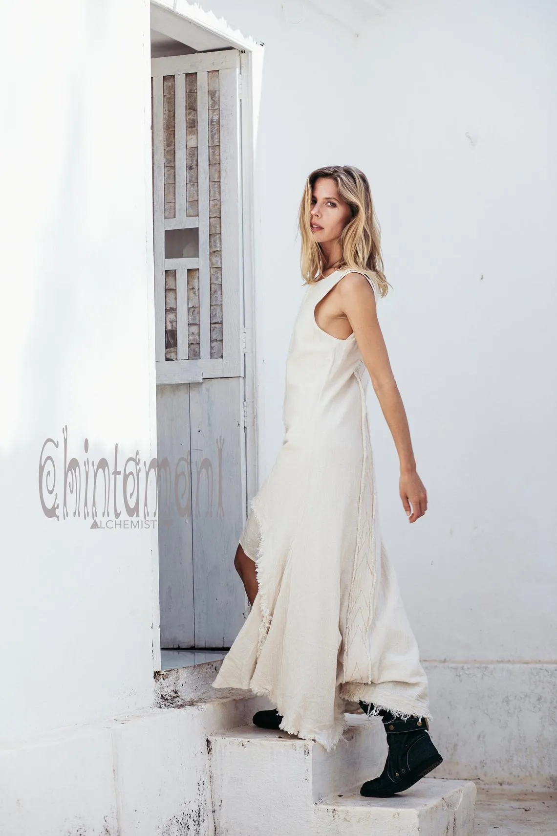 High Low Raw Cotton Long Dress with Double Layer / Aroha Tino Off White