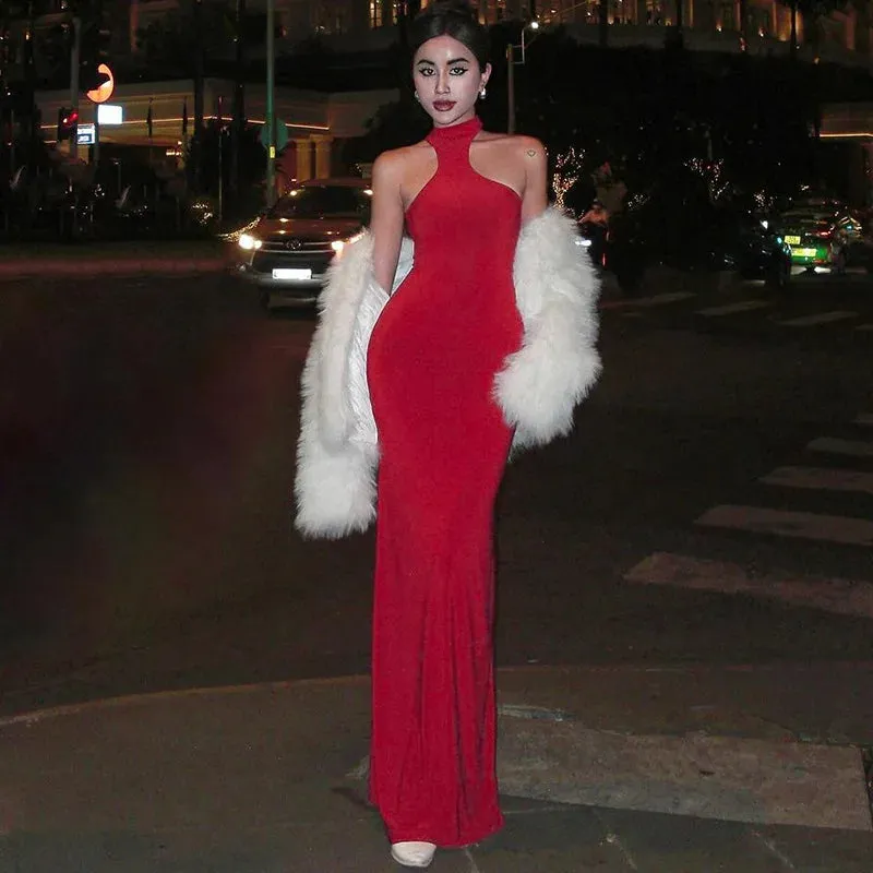 Hot Sexy Cut Out Sleeveless Maxi Dress Party Club Outfits for Women Asymmetric Fashion Red Dresses Robes Clothes