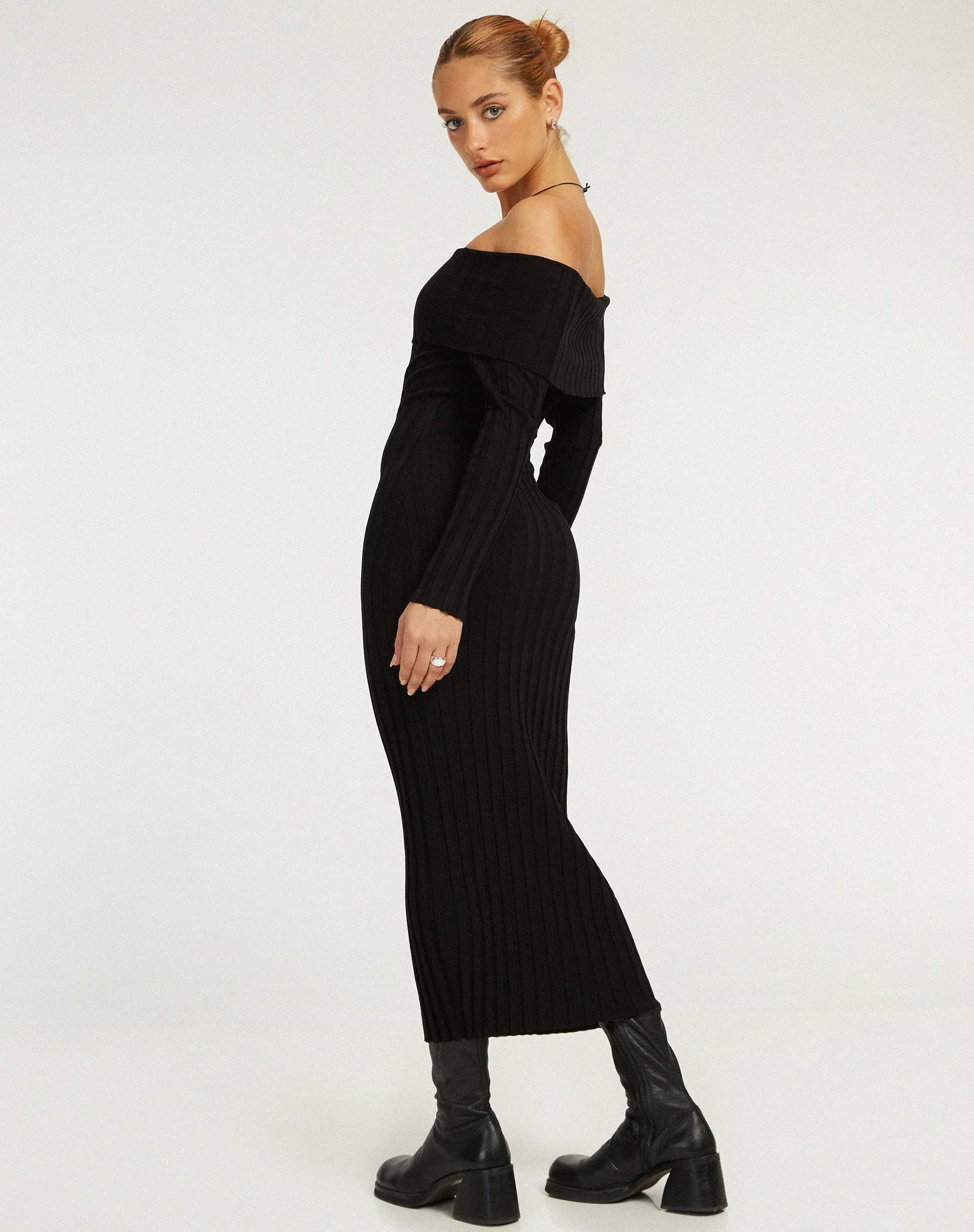 Jesuita Bardot Knitted Midi Dress in Black