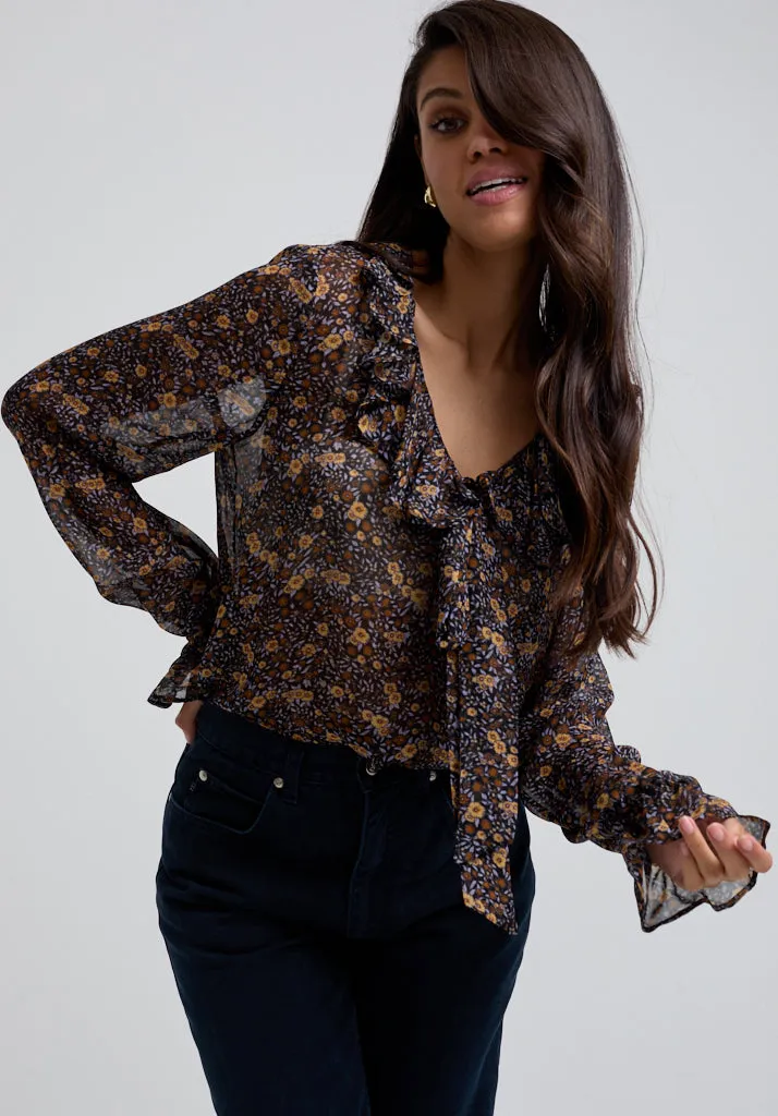 Joni Ruffle Neck Aster Print Blouse In Brown