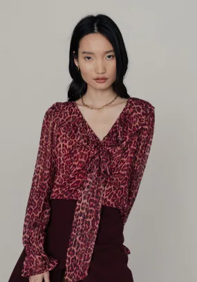 Joni Ruffle Neck Leopard Print Blouse In Burgundy