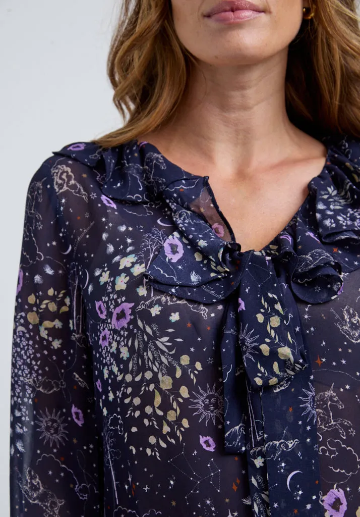 Joni Ruffle Neck Zodiac Print Blouse In Multi