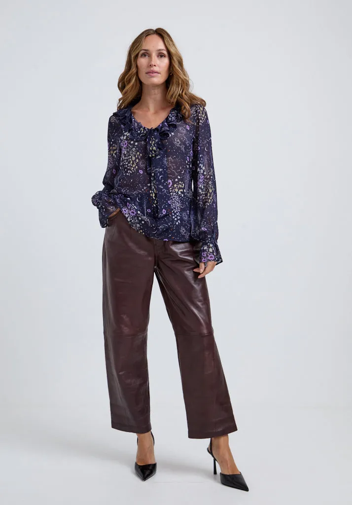 Joni Ruffle Neck Zodiac Print Blouse In Multi