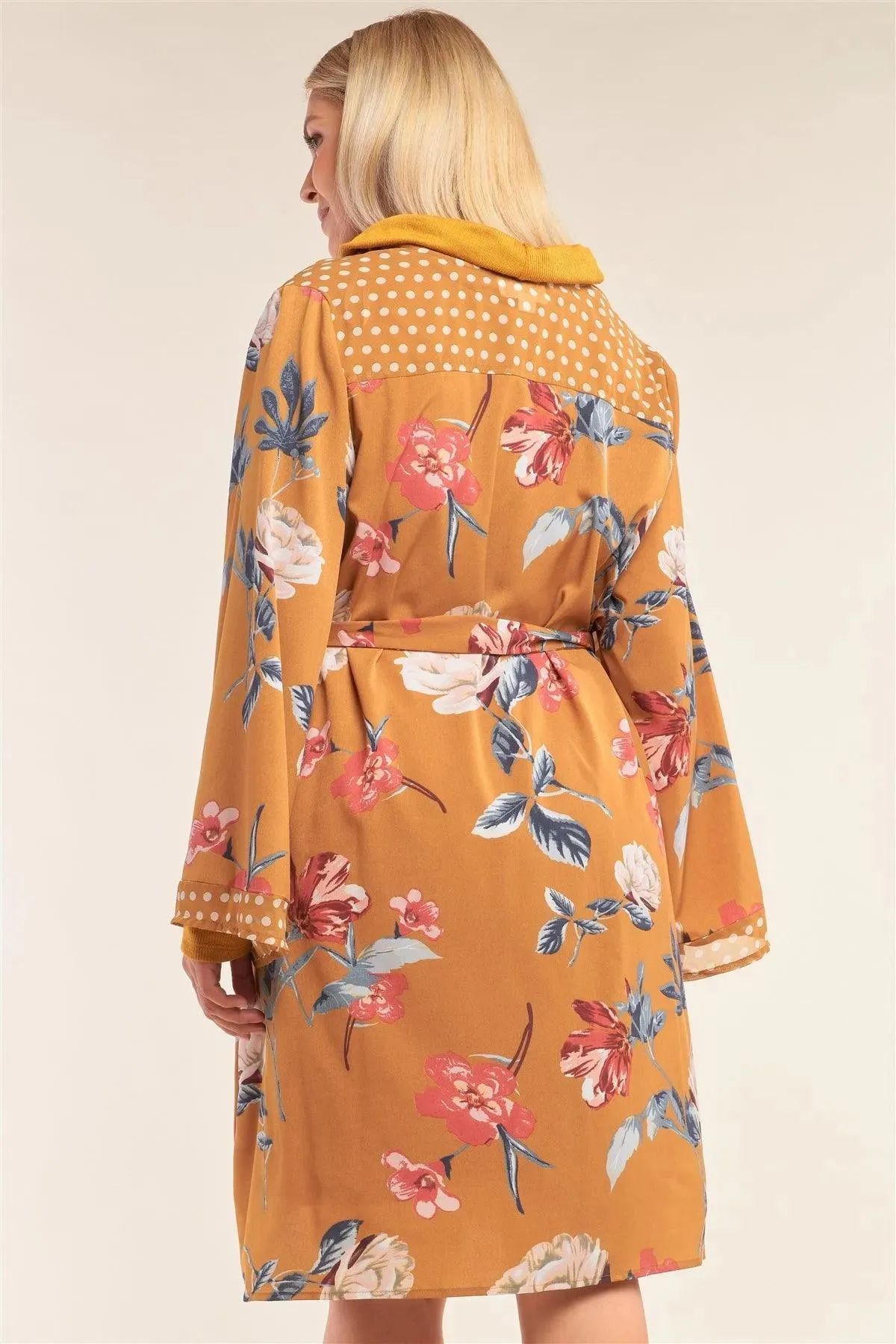 Junior Plus Size Mustard Floral Print Open Front Polka Dot Hem Sleeve Self-Tie Waist Kimono/Cover Up /3-2-1