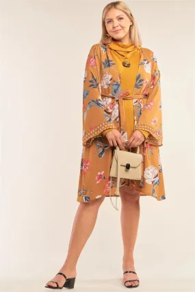 Junior Plus Size Mustard Floral Print Open Front Polka Dot Hem Sleeve Self-Tie Waist Kimono/Cover Up /3-2-1