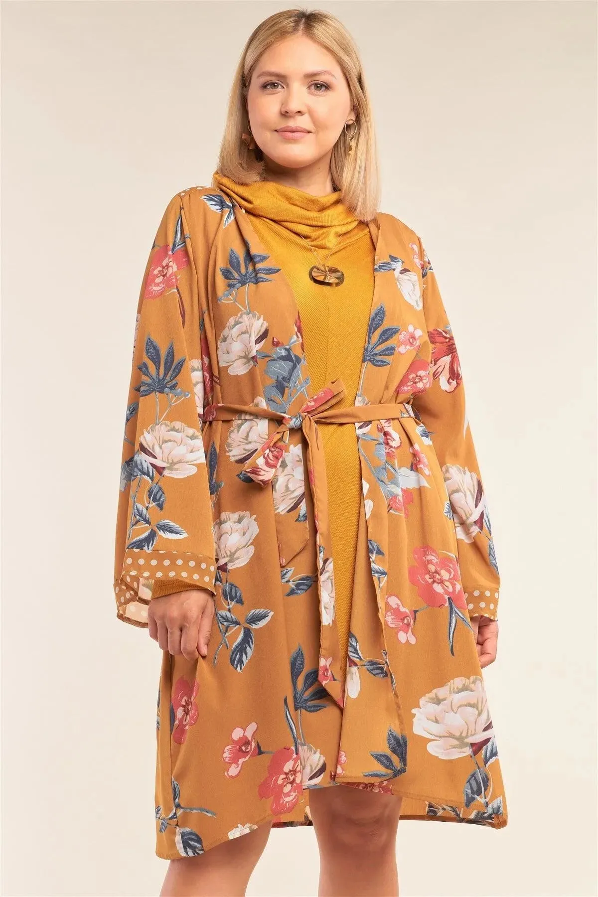 Junior Plus Size Mustard Floral Print Open Front Polka Dot Hem Sleeve Self-Tie Waist Kimono/Cover Up /3-2-1