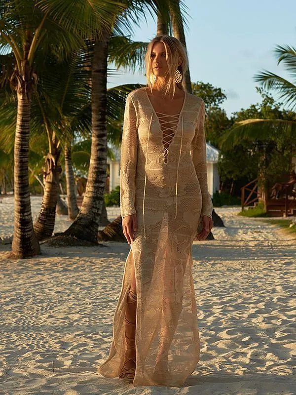 Lace-Up Mask Long Dress Casual Vacation Beach Cover-Ups