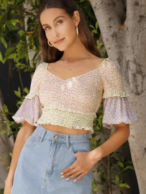 Lantern Sleeve Frill Trim Shirred Ditsy Floral Top