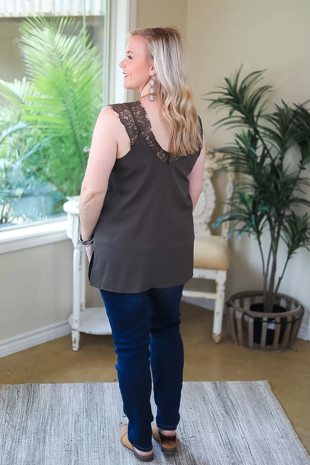 Last Chance Size Small & Medium | On Replay Solid Color Camisole with Lace Sleeves in Olive Green