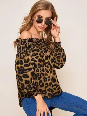 Leopard Shirred Frill Off Shoulder Top