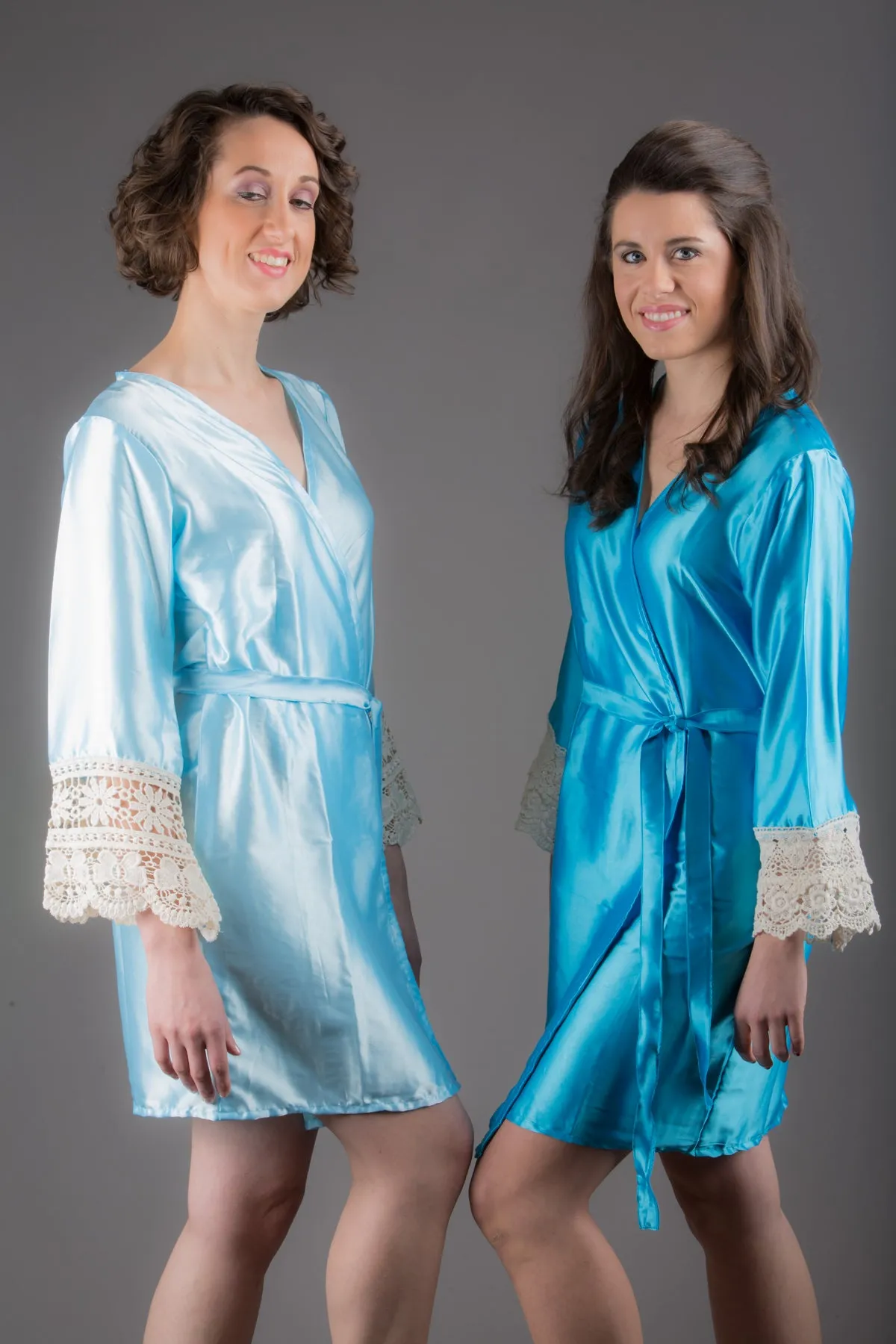 Light Blue Satin Robe with Ivory Lace Accented Cuffs