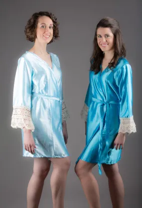 Light Blue Satin Robe with Ivory Lace Accented Cuffs