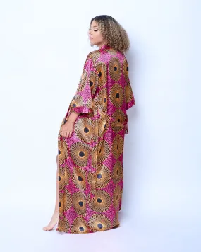 Long African Print Satin Robe Pink/Yellow