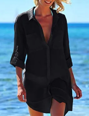 Long Sleeve Button-Down Beach Shirt Cover Up with Pocket for Women