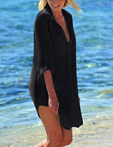 Long Sleeve Button-Down Beach Shirt Cover Up with Pocket for Women