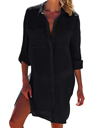 Long Sleeve Button-Down Beach Shirt Cover Up with Pocket for Women