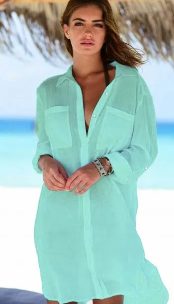 Long Sleeve Button-Down Beach Shirt Cover Up with Pocket for Women