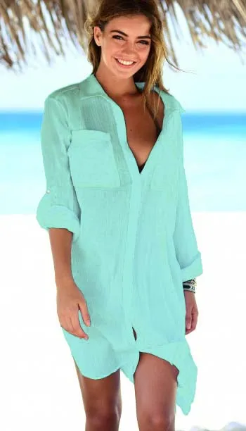 Long Sleeve Button-Down Beach Shirt Cover Up with Pocket for Women