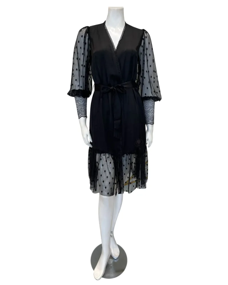 M4636 Black Sheer Dotted Lace Satin Short Robe