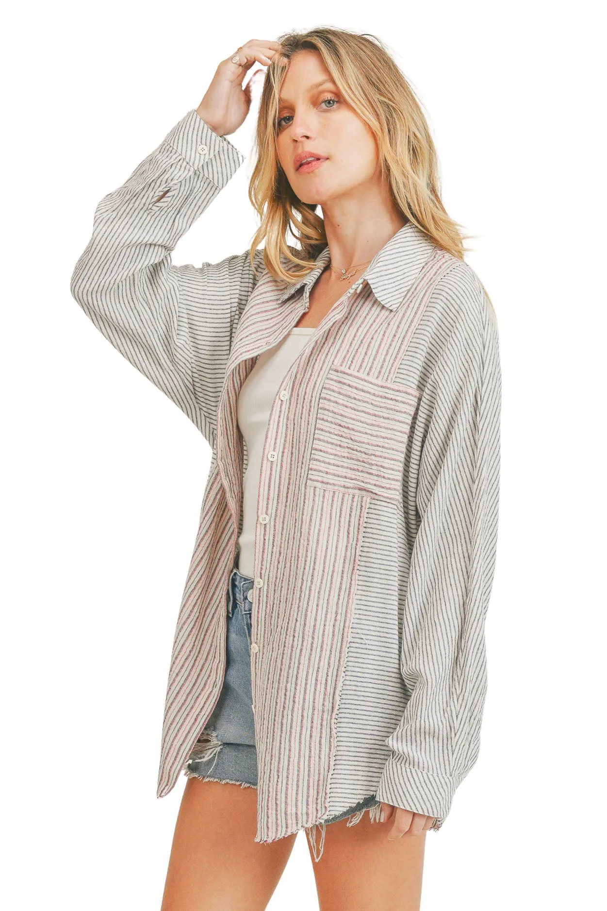 Mixed Mini Stripe Oversized Cotton Linen Blend Button Down Shirt - Muted Black & Red