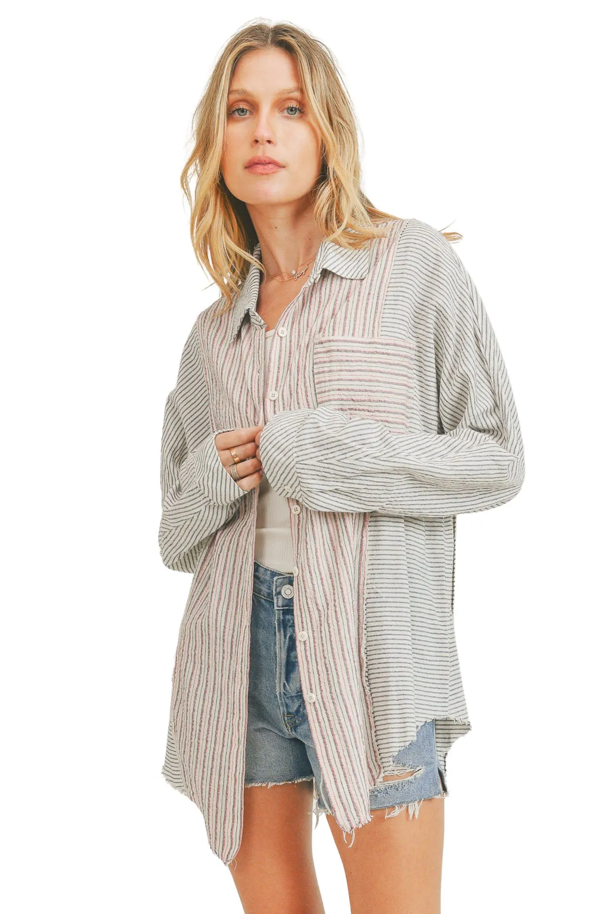 Mixed Mini Stripe Oversized Cotton Linen Blend Button Down Shirt - Muted Black & Red