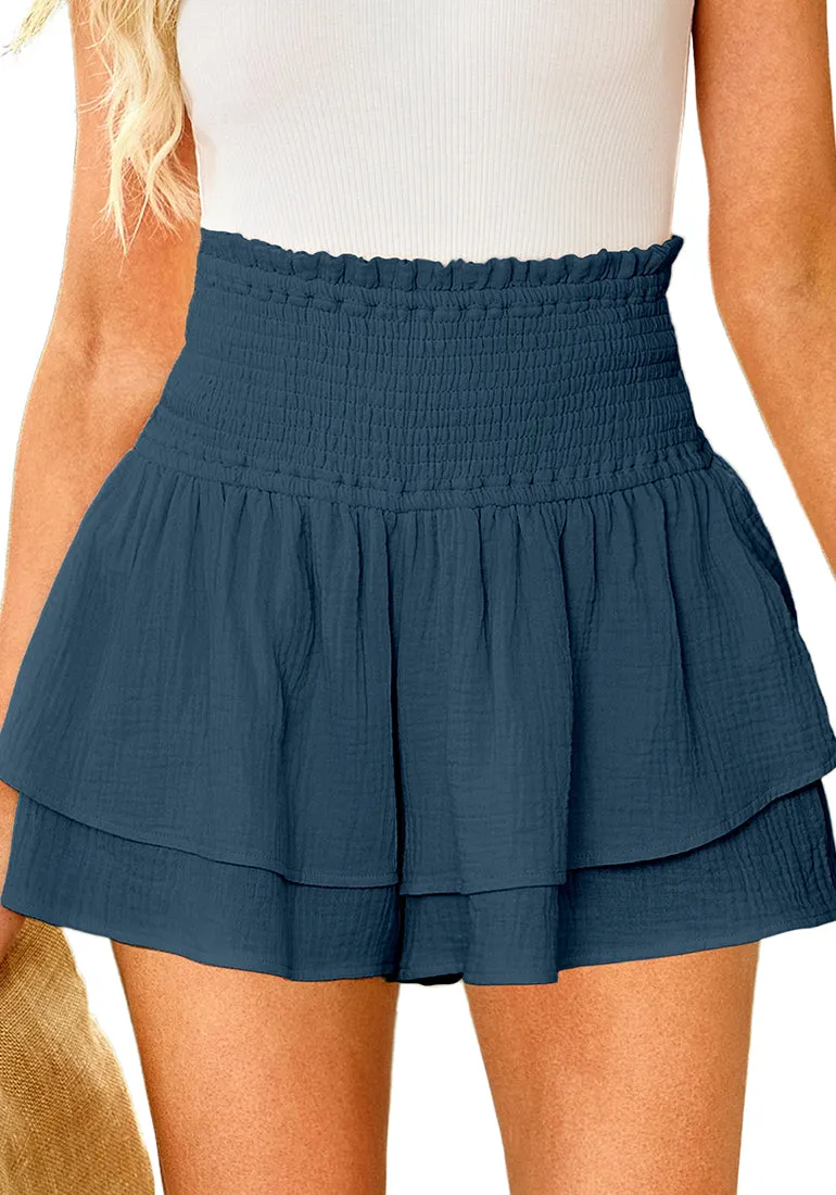 Navy Blue Women's Elastic Summer Waist High Waisted Ruffle Beach Shorts