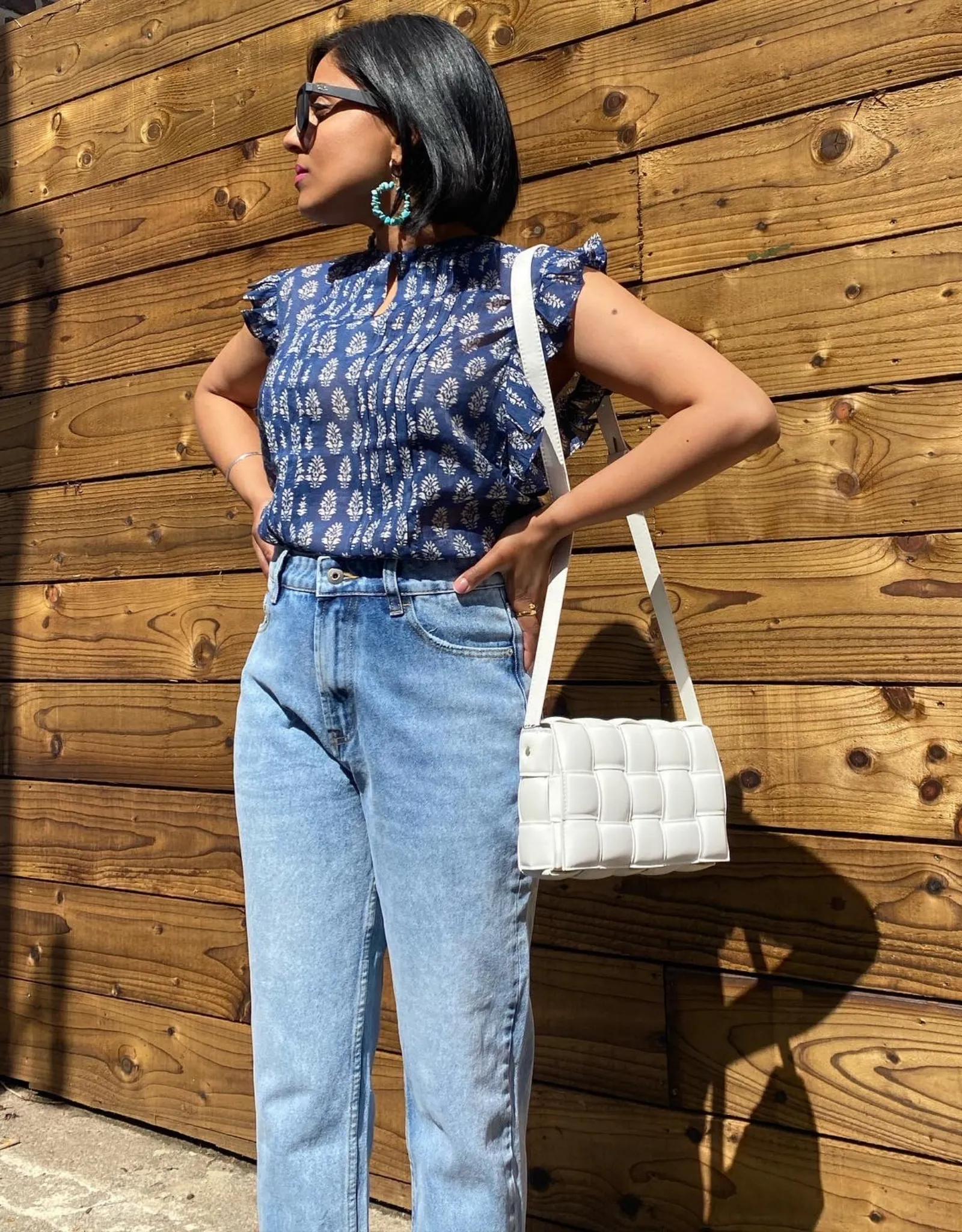 Navy Printed Silk Mix Sleeveless Top