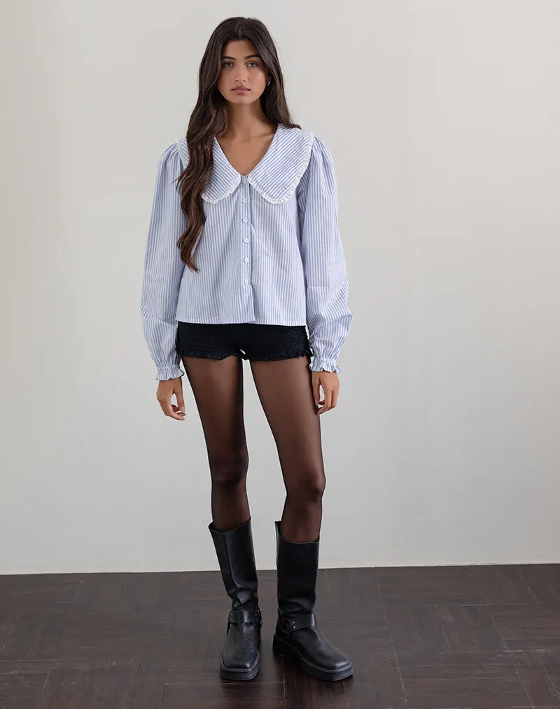 Nelcy Oversized Collared Shirt in Small Vertical Stripe Blue