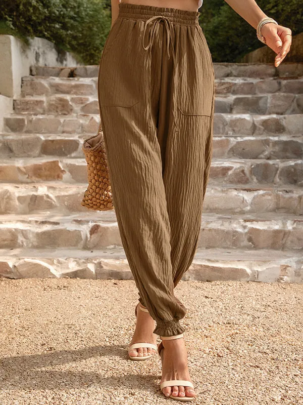 Pants - Solid Colour Elastic Waist Drawstring