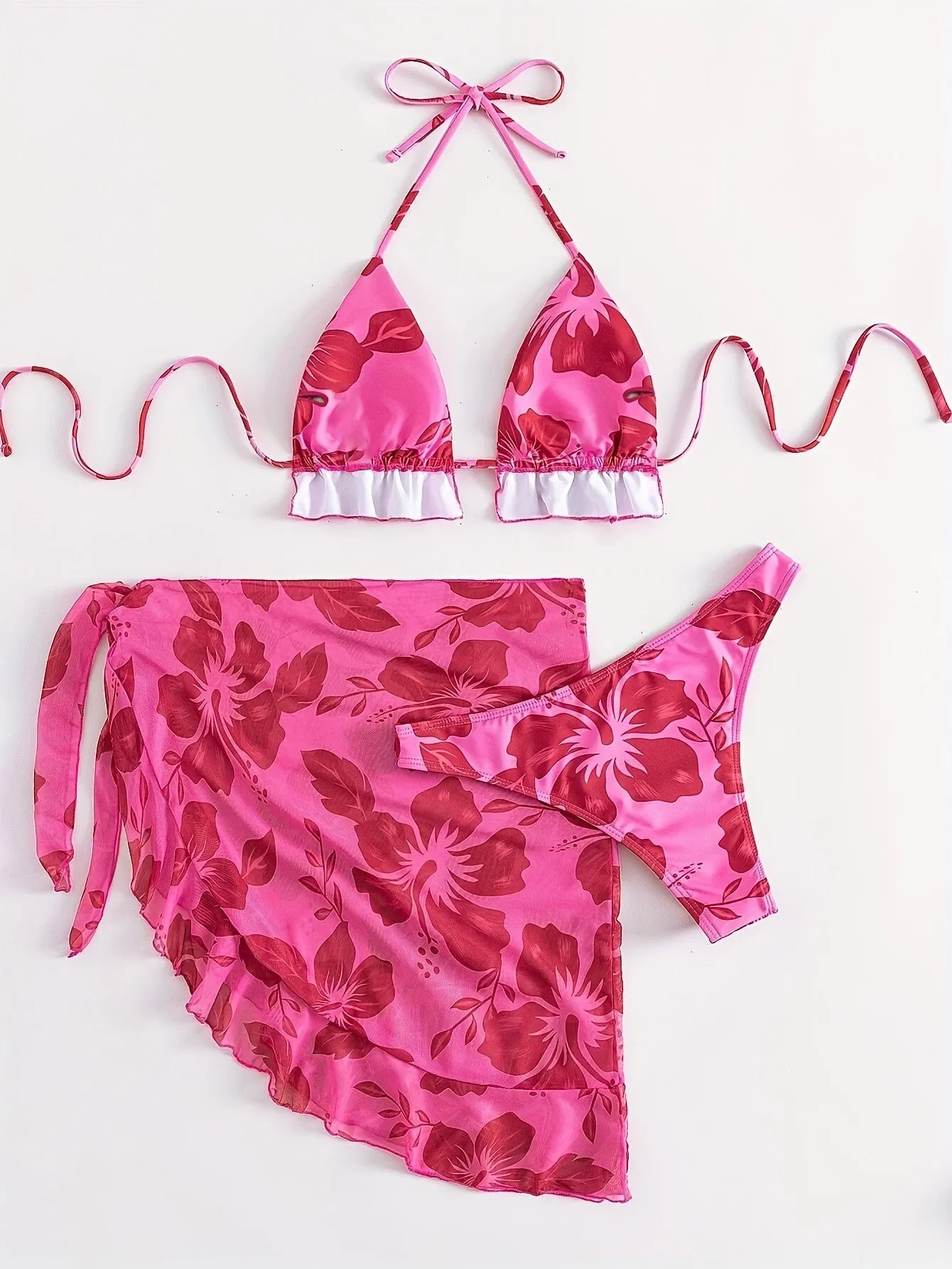 Pink Hawaiian Bikini- with Ruffle Hem Cover Up Skirt