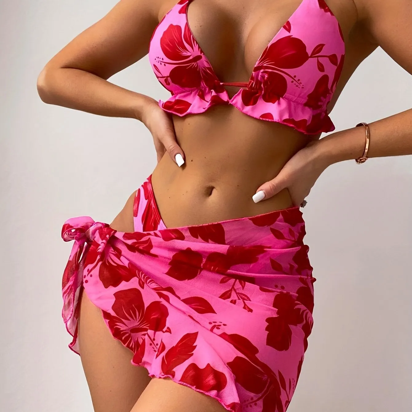 Pink Hawaiian Bikini- with Ruffle Hem Cover Up Skirt