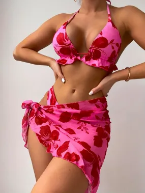 Pink Hawaiian Bikini- with Ruffle Hem Cover Up Skirt