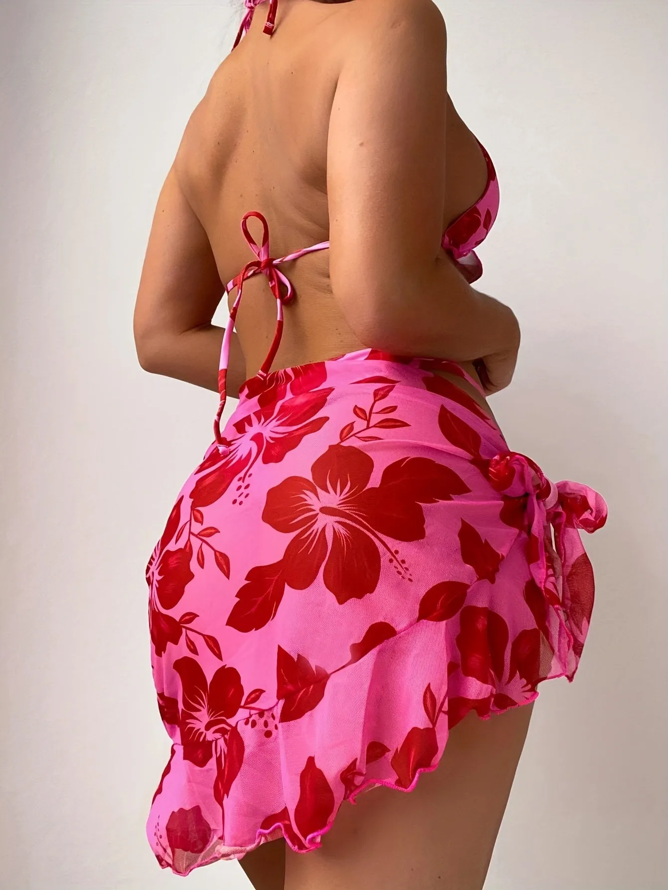 Pink Hawaiian Bikini- with Ruffle Hem Cover Up Skirt