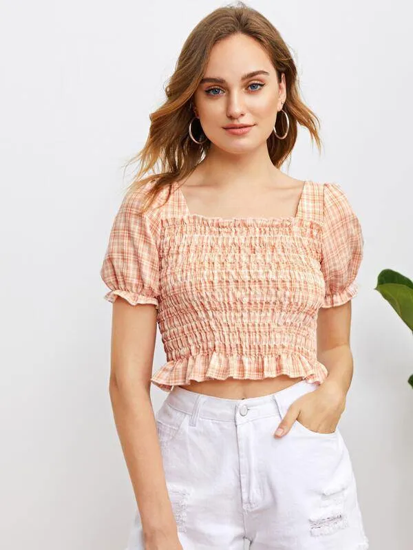 Plaid Frill Trim Shirred Crop Blouse