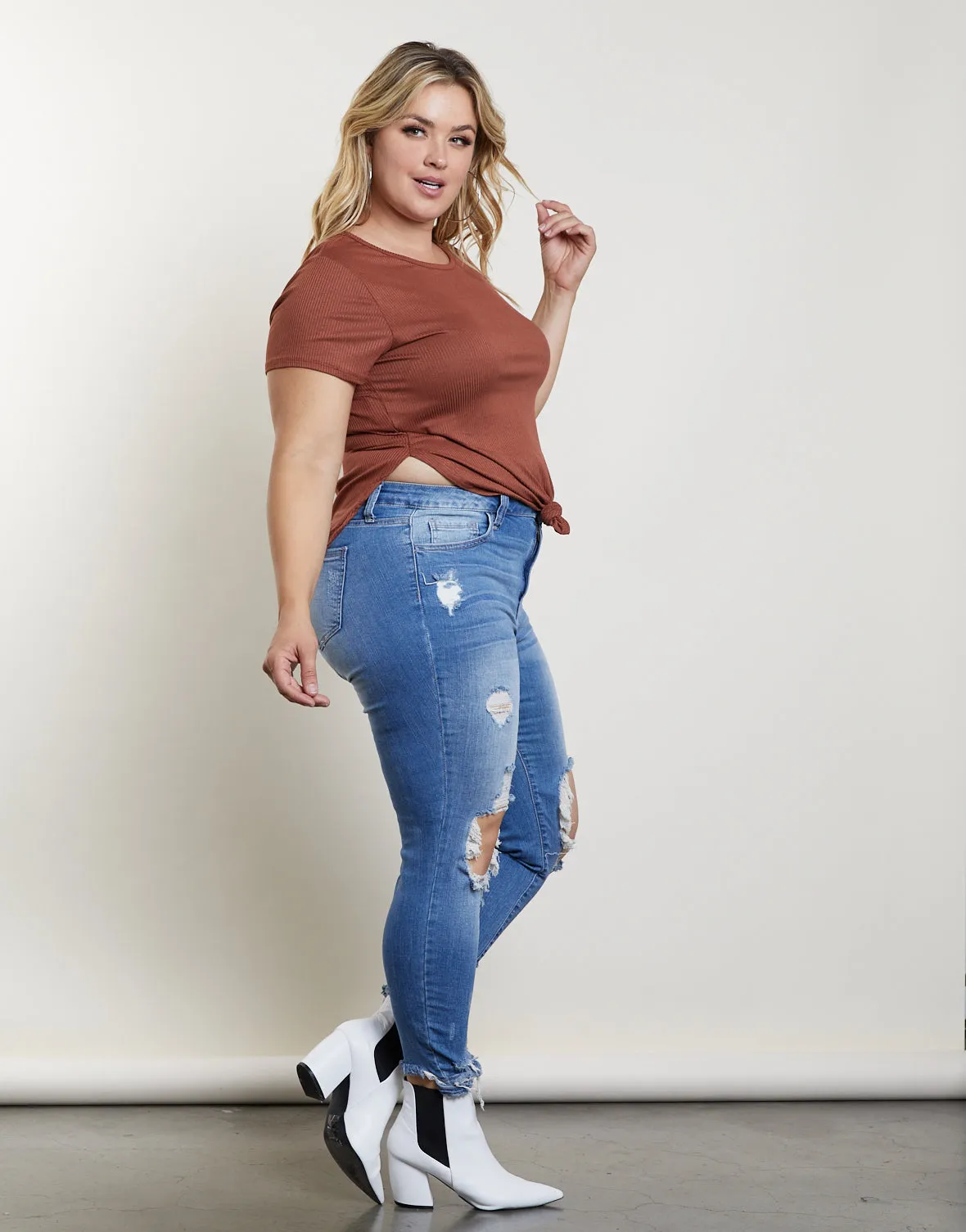 Plus Size Ribbed Side Slit Top