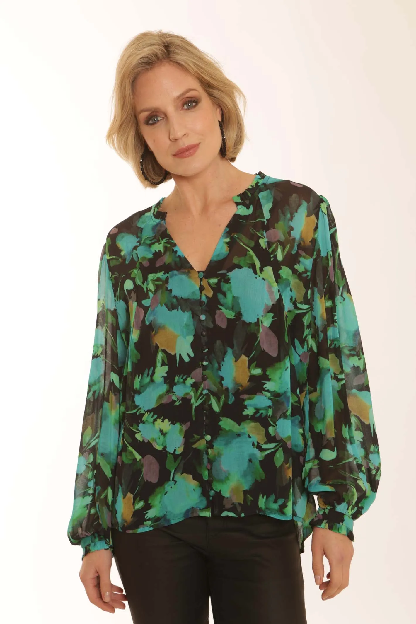 Pomodoro Clothing Floral Blouse With Frill 82355