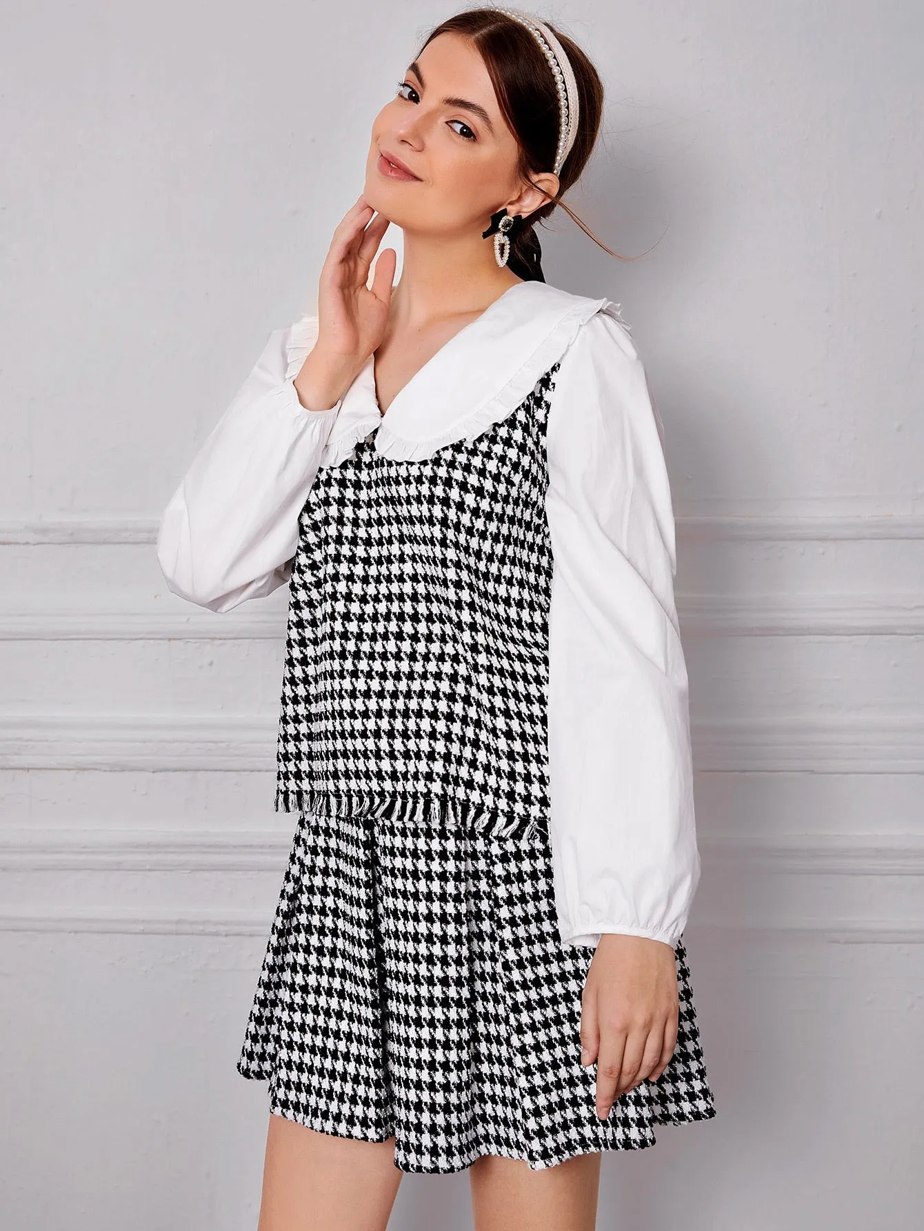 Preppy Houndstooth Frill Long Sleeve Peter Pan Collar Regular Blouse